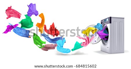 Bright clothing  flying out of washing machine on a white background