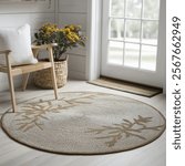 Bright coastal room with natural round rug showcasing palm leaves. The jute carpet anchors wooden chair and white cushion. Woven basket holds yellow blooms beside white walls and French door.