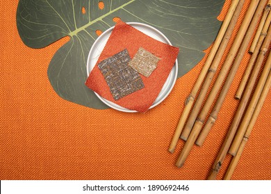 Bright collection of textile samples. Multicolor fabric texture background