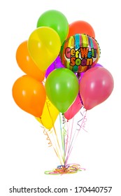 Bright Colored Balloons With Get Well Soon Mylar, Isolated On White.