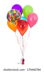 Bright Colored Balloons With Get Well Soon Mylar, Isolated On White.