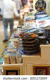Bright colored pottery in the Grand Bazaar,  in Istanbul, Turkey