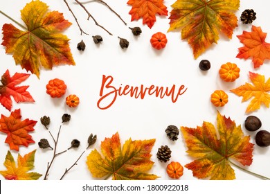 Bright Colorful Autumn Leaf Decoration, French Text Bienvenue Means Welcome