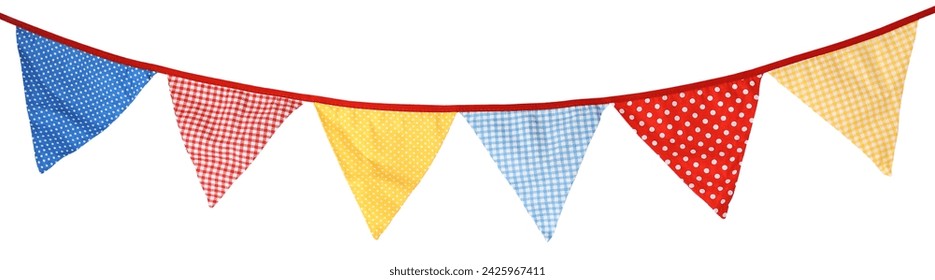 Bright colorful bunting garland. Party flags. Polka dot, checkered patterns. Birthday celebration, wedding anniversary. Holiday Festa Junina decor. Isolated overlay object. Banner on white background. - Powered by Shutterstock