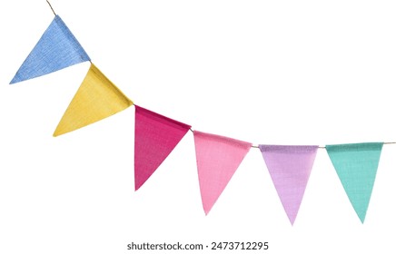 Bright colorful bunting garland. Party flags on rope. Textured fabric. Birthday celebration, wedding anniversary. Holiday Festa Junina decor. Isolated overlay object, banner on white background - Powered by Shutterstock