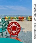 Bright colorful chairs at the Memorial Union Terrace at the University of Wisconsin - Madison.