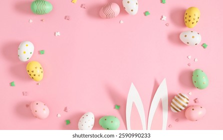 Bright colorful Easter eggs with pattern and cute image of bunny ears on flat pink background. Easter holiday concept.