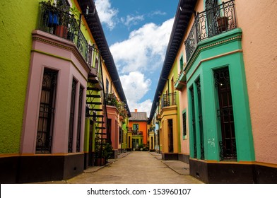 Bright colorful historic buildings in Los Martires neighborhood in Bogota, Colombia
