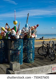 Bright And Colorful Lobster Floats And Lobster Buoys In A Small New England Fishing Village