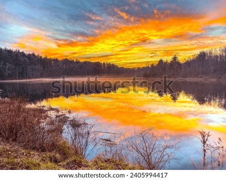 A bright and colorful sunset with orange sky and clouds and a perfect reflection over the New England Pond. Lake shore with bushes in front of peaceful sun set. 