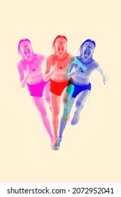 Bright Colors. Portrait Of Professional Female Athlete, Runner Isolated On Light Background With Glitch Duotone Effect. Muscular, Sportive Woman. Concept Of Sport, Motion And Healthy Lifestyle