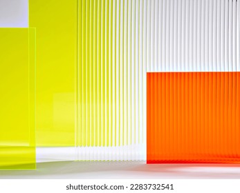 Bright colourful abstract background made by transparent and ribbed acrylic glass. Empty showcase for makeup and cosmetics product commercial. Podium for new package demonstration and advertisement.