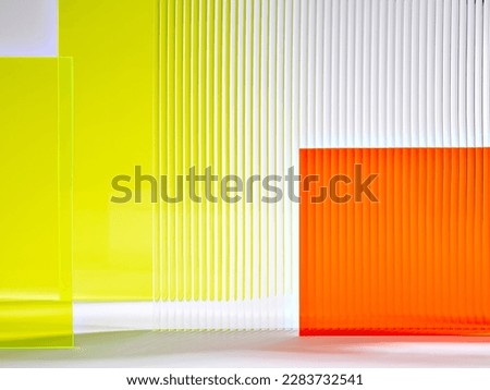 Bright colourful abstract background made by transparent and ribbed acrylic glass. Empty showcase for makeup and cosmetics product commercial. Podium for new package demonstration and advertisement.