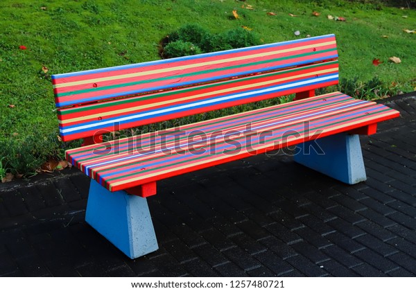 Bright Colourful Striped Wooden Bench Exterior Stock Photo Edit