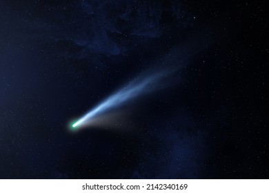 A Bright Comet With Large Dust And Gas Tails. Falling Meteorite, Asteroid, Comet In The Starry Sky. Sci-fi Background. Elements Of This Image Furnished By NASA. 