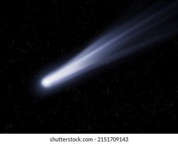 Bright Comet At Night. Large Dust Gas Trail. Comet Asteroid Meteorite Falls To Earth Against The Night Sky. 