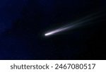 Bright comet tail, glowing comet flies in space. Photo of a real comet. Shooting star. Astrophotography of a celestial body.