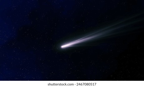 Bright comet tail, glowing comet flies in space. Photo of a real comet. Shooting star. Astrophotography of a celestial body.