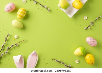 Bright Easter arrangement featuring decorated eggs, floral accents, and festive details on green