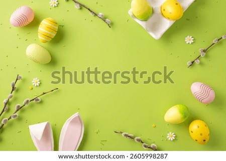Bright Easter arrangement featuring decorated eggs, floral accents, and festive details on green