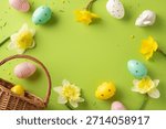 Bright Easter scene features pastel eggs, yellow daffodils, and a woven basket on a vivid green backdrop. Ideal for greeting, celebration, and spring renewal themes in holiday campaigns
