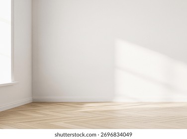 Bright Empty Corner Room Interior Mockup with White Wall and Light Herringbone Floor