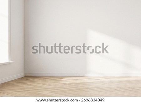 Bright Empty Corner Room Interior Mockup with White Wall and Light Herringbone Floor