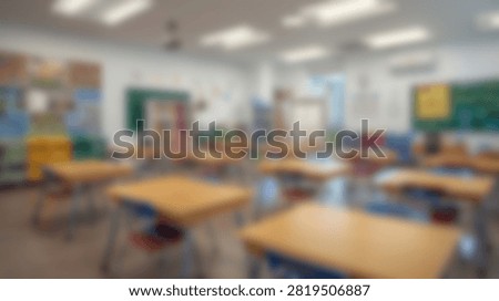 A bright and empty elementary school classroom with rows of desks and chairs, ready for students to begin their lessons.