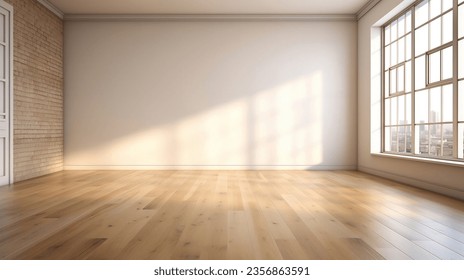 An bright empty room with a big window, wooden ground, floor, white background wall