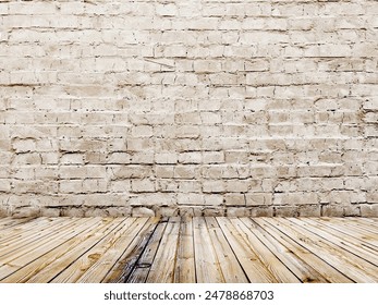 Bright, empty room interior with a textured white brick wall and a worn light brown wood floor. Natural light creates a soft shadow. Ideal for product photography, artwork displays, or mockups etc ...