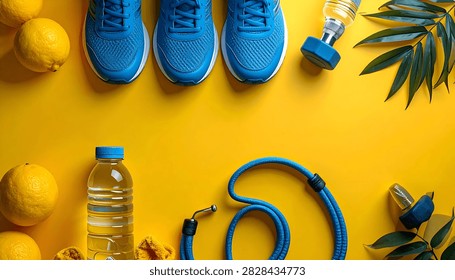 A bright and energetic flat lay composition featuring blue running shoes, a water bottle, lemons, and a dog leash on a vivid yellow background, symbolizing health and activity.