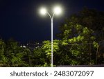 Bright energy-efficient LED streetlight illuminates a vibrant urban landscape at night, enhancing safety and visibility. Modern sustainable lighting technology in a peaceful neighborhood setting.