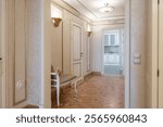 bright entrance hall and hallway in modern apartment. Corridor design with light walls and doors. Illuminated by lamp. Hallway in stylish interior of building. Architecture inside.