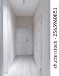 bright entrance hall and hallway in modern apartment. Corridor design with light walls and doors. Illuminated by lamp. Hallway in stylish interior of building. Architecture inside.