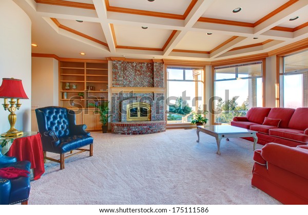 Bright Family Room Brick Background Fireplace Stock Photo Edit