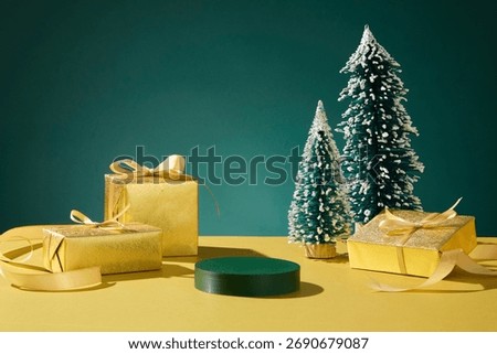 Bright festive layout with pine trees, gold boxes, and green podium. Perfect for advertising on Christmas day or holiday gift promotions