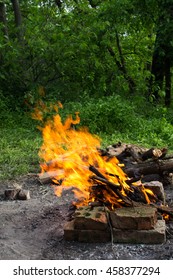 Bright fire bonfire in the spring forest.