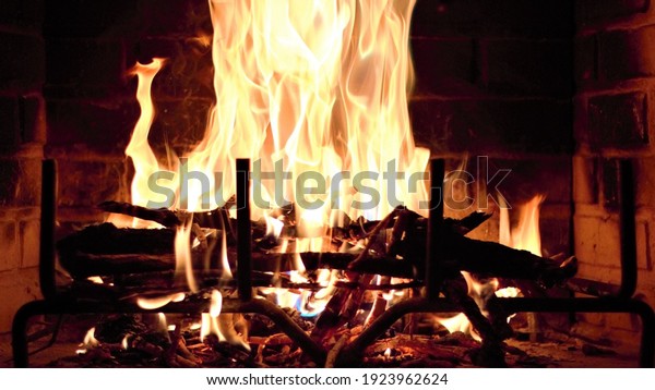 Bright fire in the\
fireplace