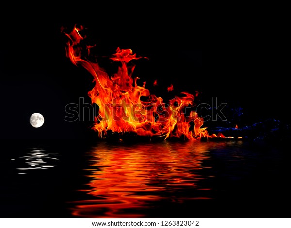 bright fire on the\
sea surface and full\
moon