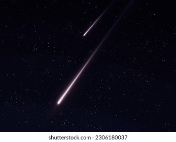Pelotas de fuego brillantes en el cielo nocturno. Un destello de meteoritos ilumina la oscuridad. Astrofotografía de la caída de dos meteoritos.