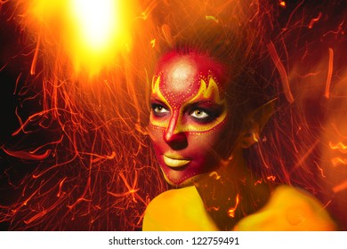 bright flame fairy lady fantasy make-up.