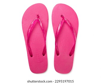 Bright flip flops isolated on white, top view