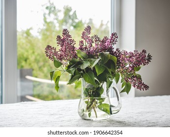 Bright Flowers In A Vase Against The Background Of The Window. Close-up, No People