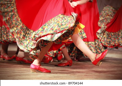 Bright Fragment Of Fast Russian Folk Dance With Red Girls Waved Skirt