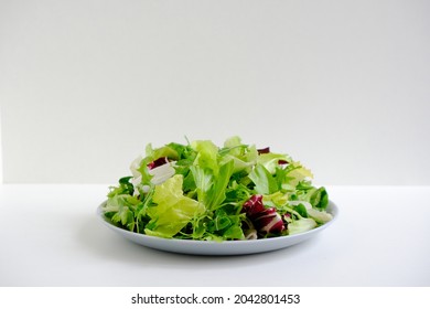 Bright fresh juicy raw salad greens. Escalora salad, frisee, radicchio, arugula salad in a gray plate on a white plate. Diet healthy food. Low-calorie, nutritious meal. Health care. Vitamin bowl.