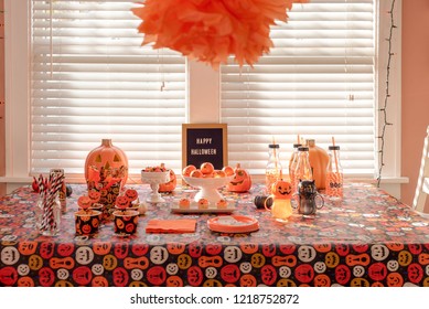 Bright Fun And Colorful Halloween Party Background With Kid Friendly Snacks And Decorations