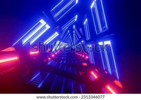 Bright glowing neon background. Abstract neon lights Sci-Fi futuristic Hi Tech virtual reality tunnel. Futuristic motion graphic. Ultra violet neon light glow. 3D illustration