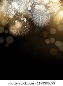 Bright Gold Dazzling Fireworks Display Celebrations Background With Copy Space.