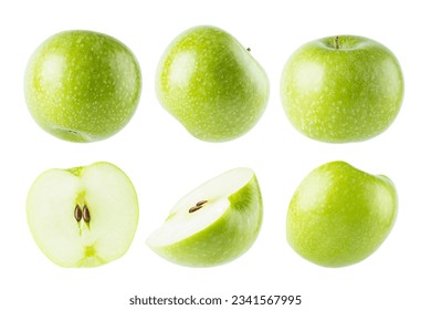 Bright green apples collection, whole and cut on half with tails, seeds, different sides isolated on white background. Summer fresh ripe fruits as design elements.