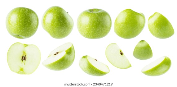 Bright green apples rich collection, whole and cut on half, slices with tails, seeds, different sides isolated on white background. Summer fresh ripe fruits as design elements.